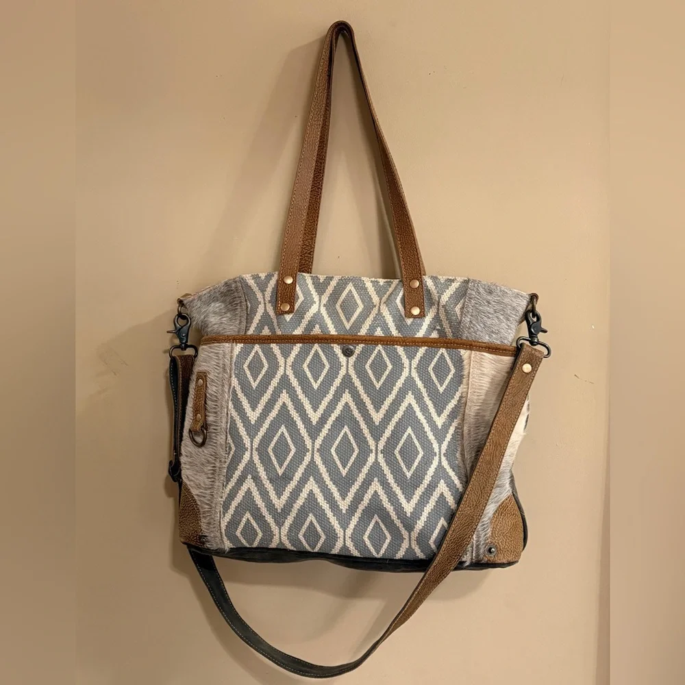 Myra Bag Large Hair-On Leather & Canvas Shoulder/Crossbody/Messenger Bag